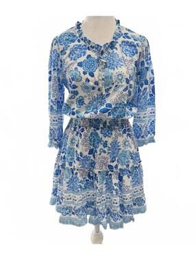 Walker & Wade Dress Cobalt Floral Blue Smocked Waist Mini Boho Rayon Size XS